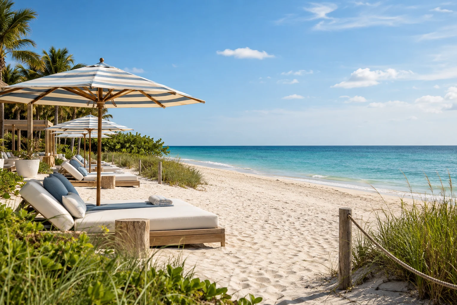 Cream parasols beside the Atlantic shore