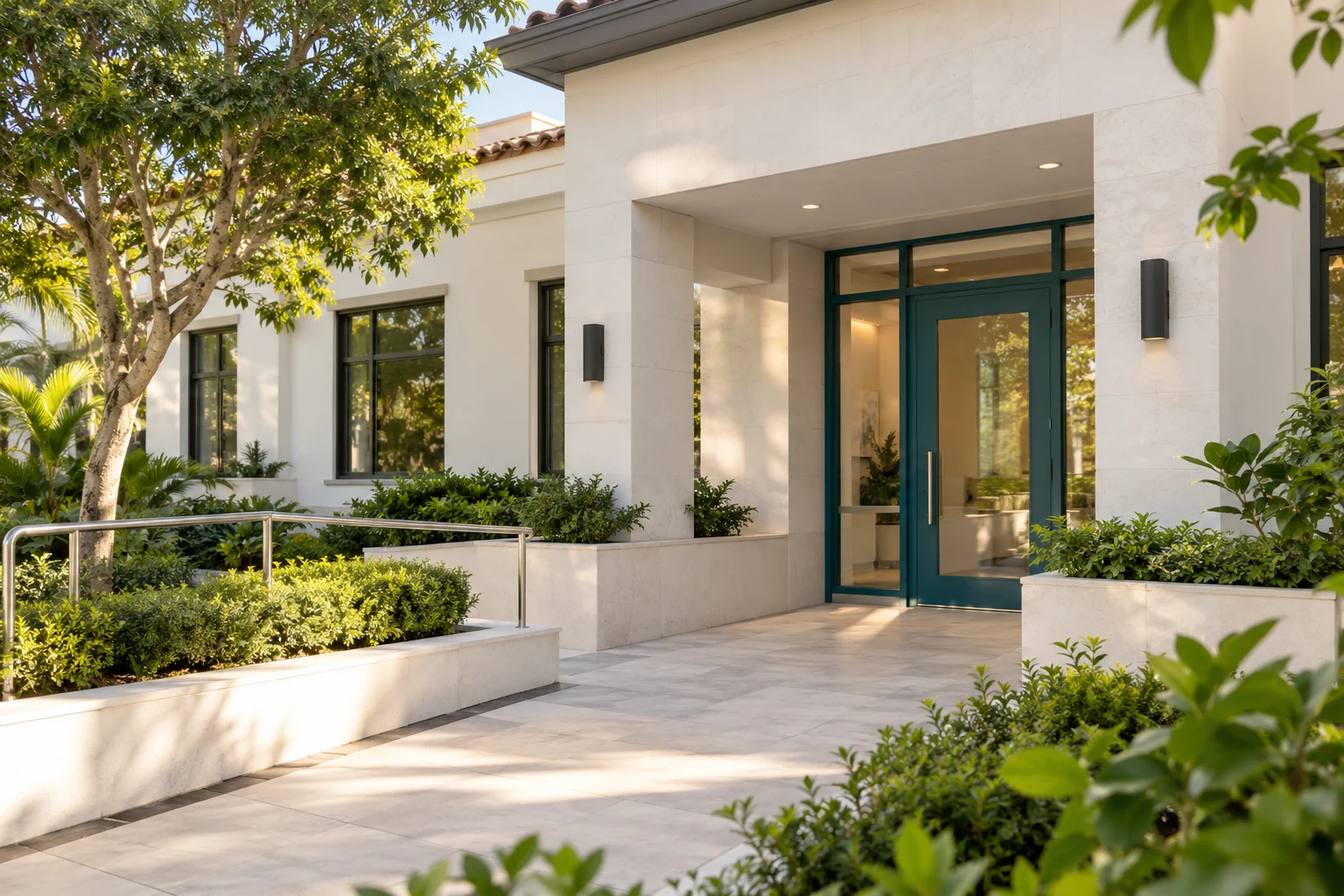 Bright dental studio entrance with an accessible walkway