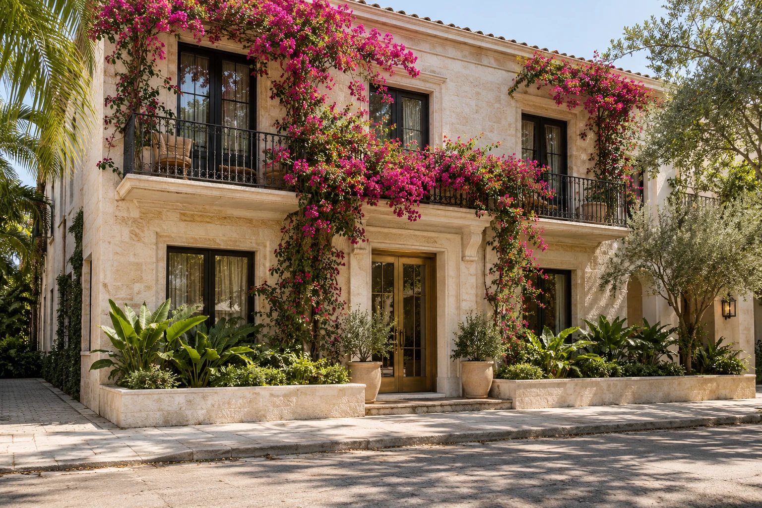 Stone boutique hotel entrance with a planted courtyard