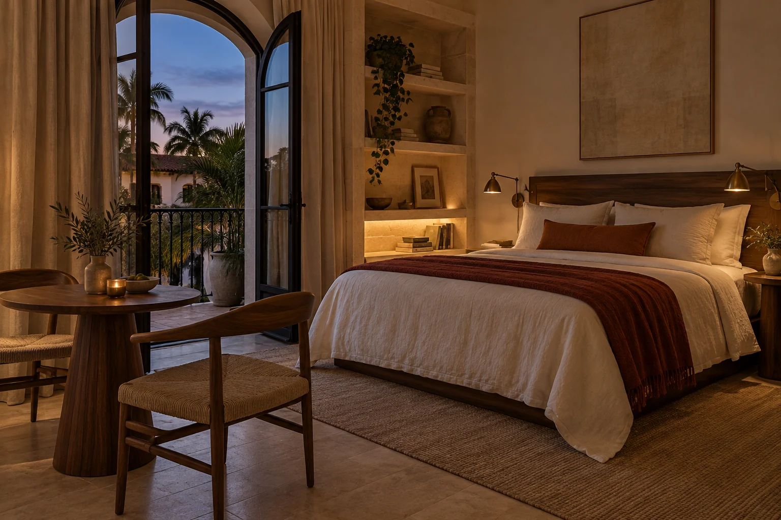 Terrace suite with walnut furniture and dusk light