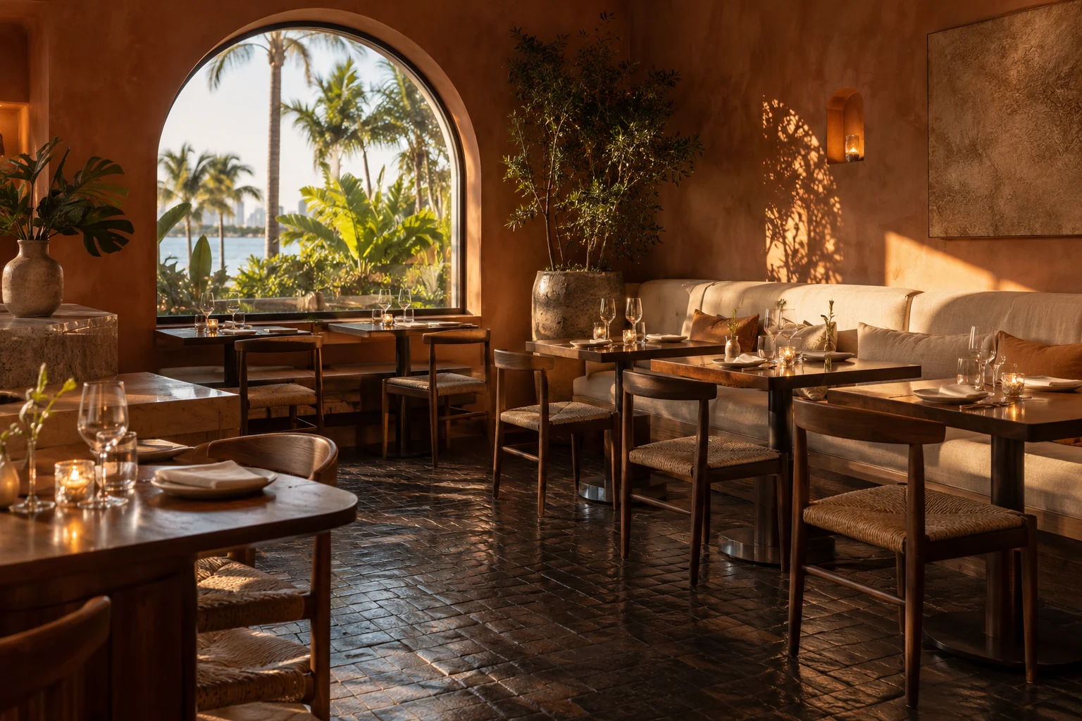 Warm restaurant with walnut tables and terracotta details