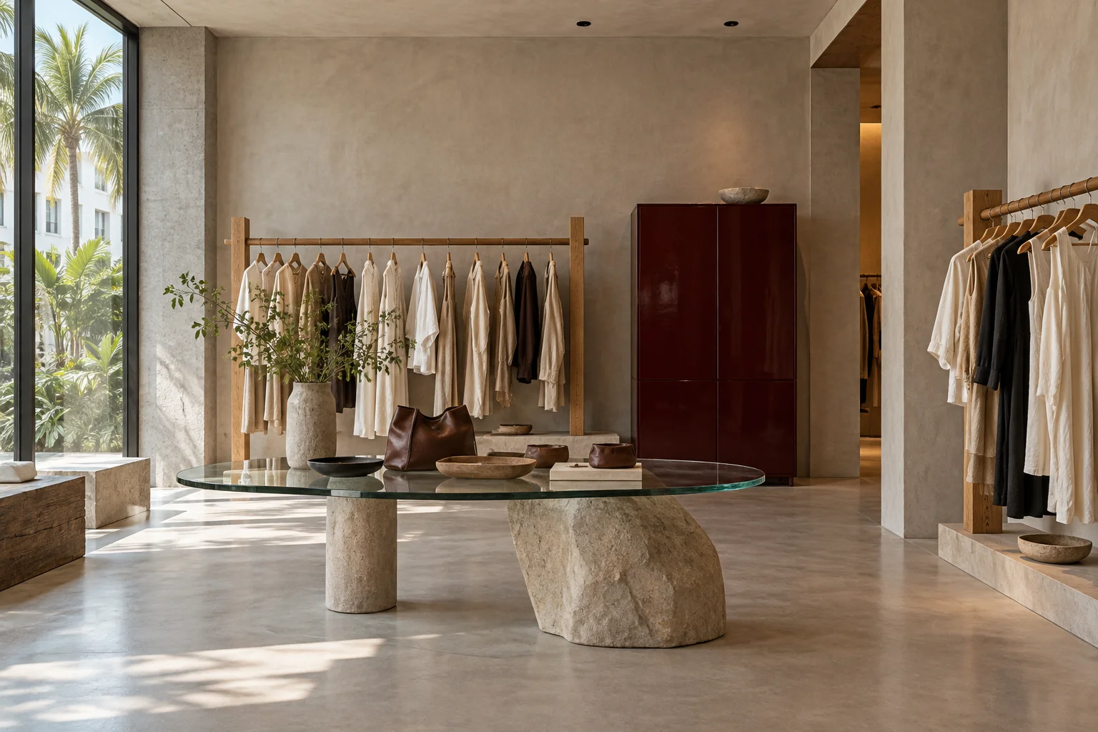 A curated boutique with natural oak clothing rails
