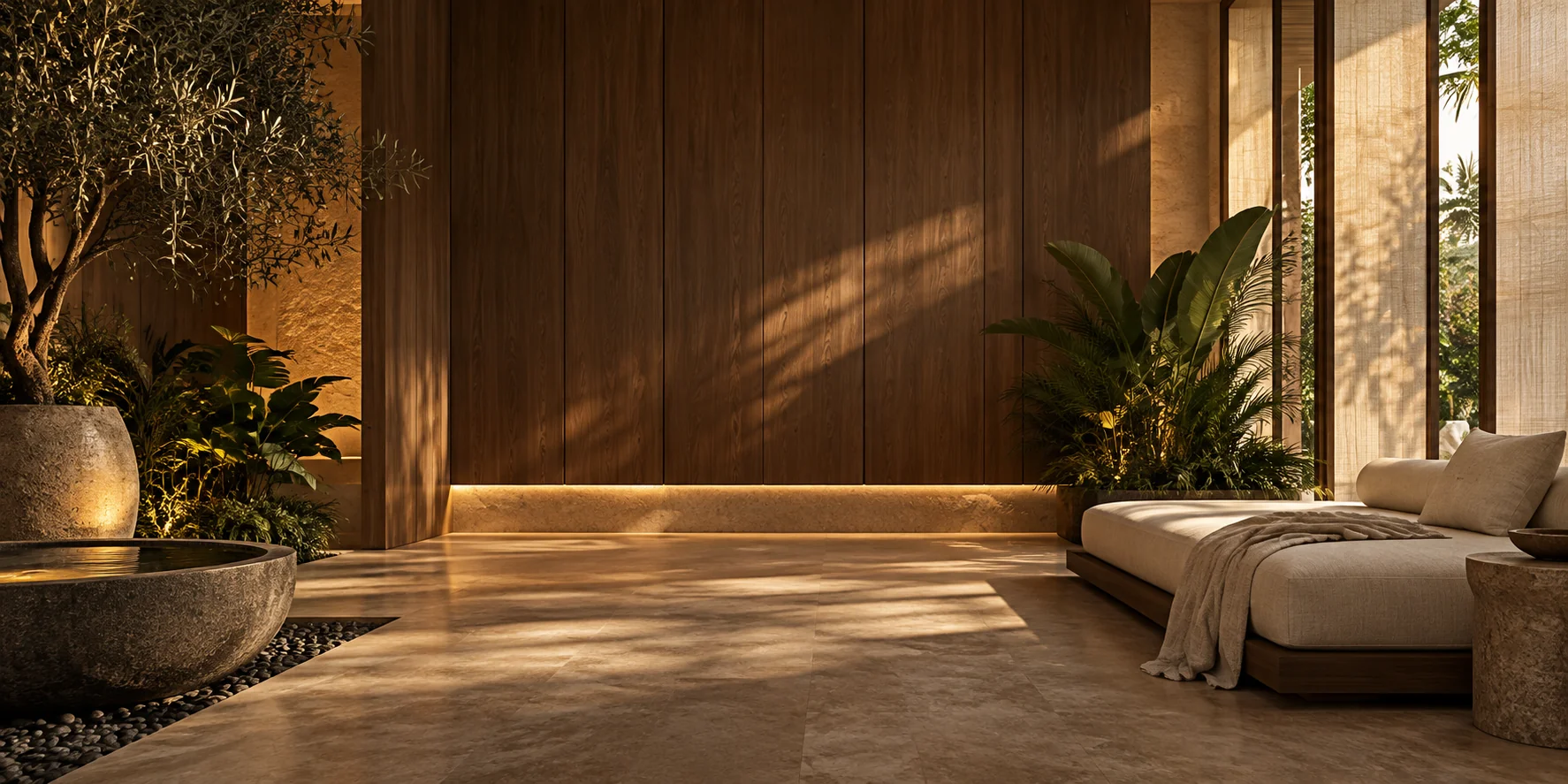 A calm spa lounge with oak and soft light