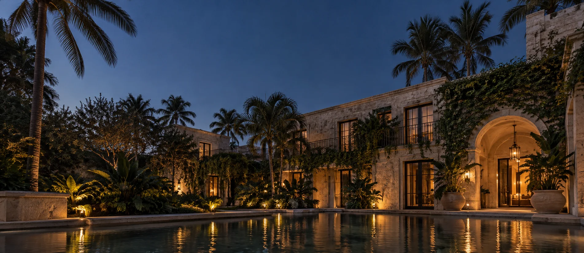 A warm-lit Miami courtyard at dusk